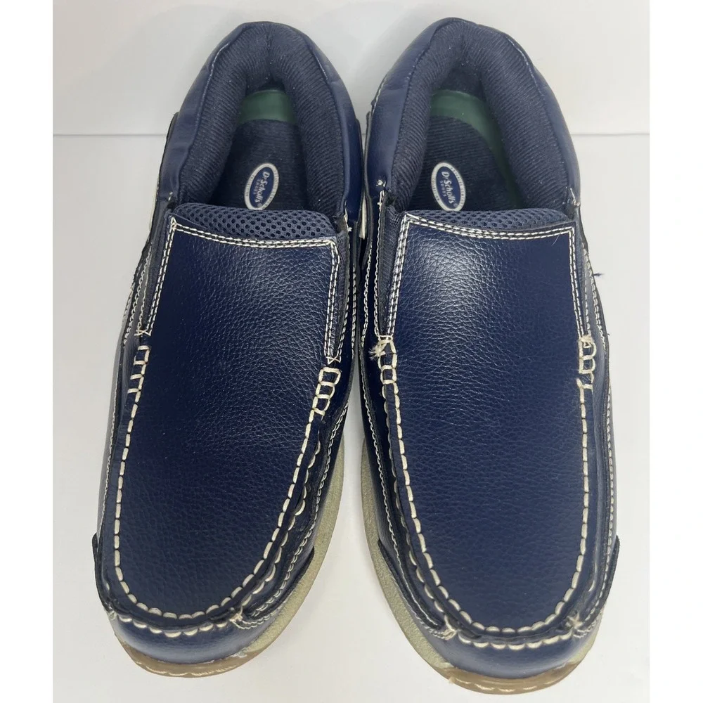 Dr Scholls Navy Blue Leather Slip On Loafers Mens 9 3E Wide Boat Shoes 42J-03